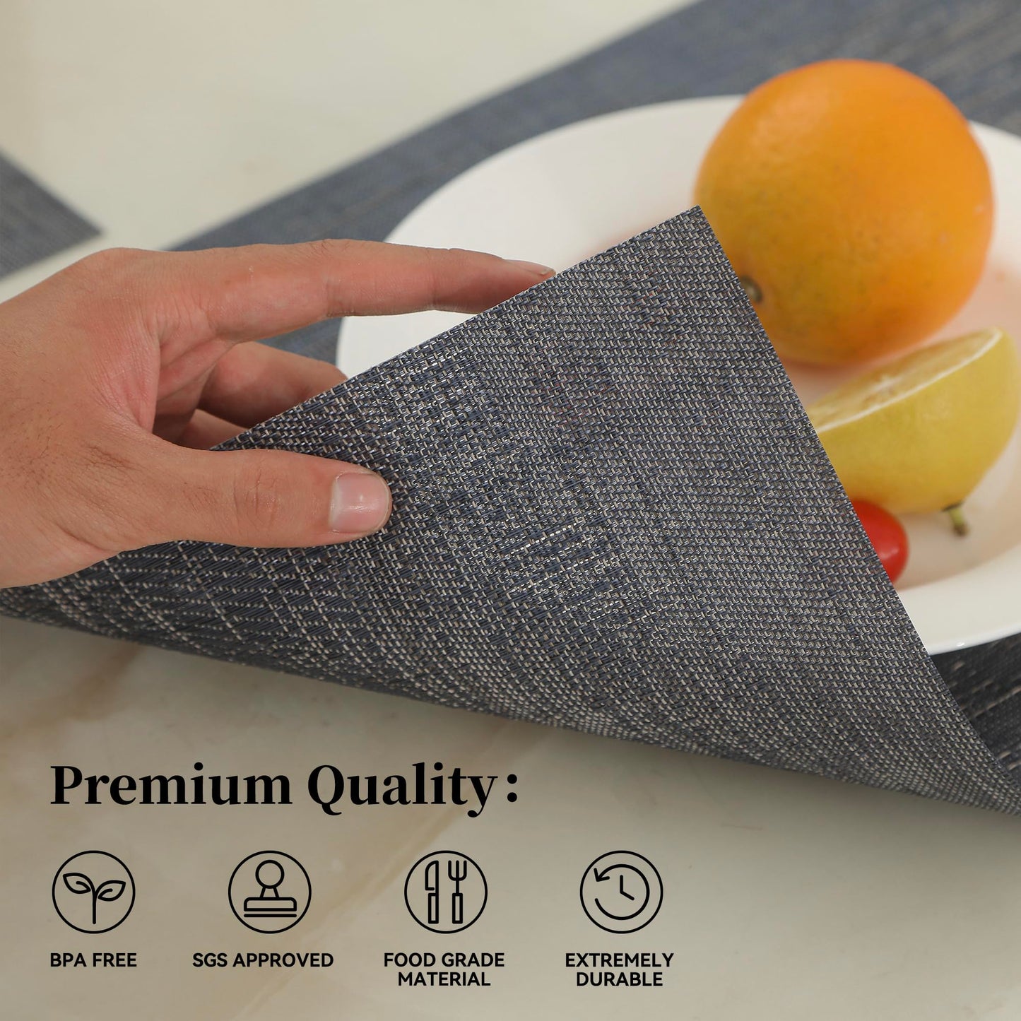 Leetaltree Denim Blue Placemats Set of 12 - Heat Resistant Non-Slip Place mats for Dining Table, Washable Durable PVC Vinyl Woven Table Mats(Denim Blue, 12)