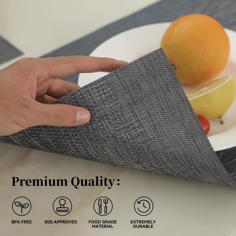Leetaltree Denim Blue Placemats Set of 12 - Heat Resistant Non-Slip Place mats for Dining Table, Washable Durable PVC Vinyl Woven Table Mats(Denim Blue, 12)