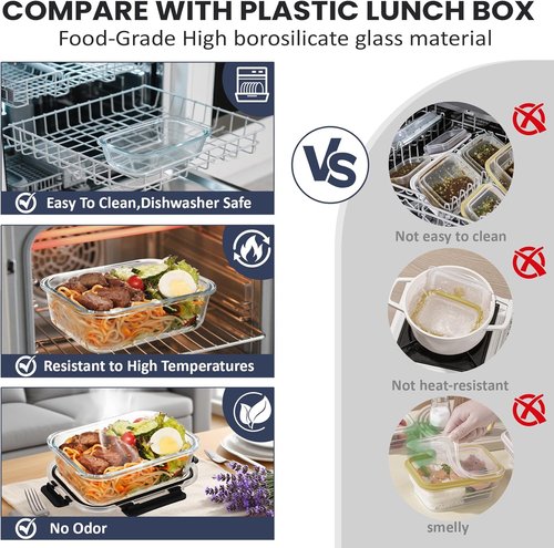 HOTEC 35oz Glass Food Storage Containers - Airtight Lunch & Fruit Containers, 4-Pack | Microwave & Dishwasher Safe