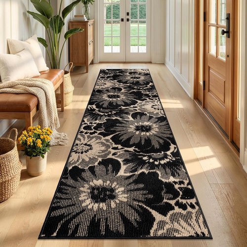 Findosom Hallway Runner Rug - Non-Slip High-Low Textured Floral Design | Washable 2x8 Boho Carpet in Black & Beige