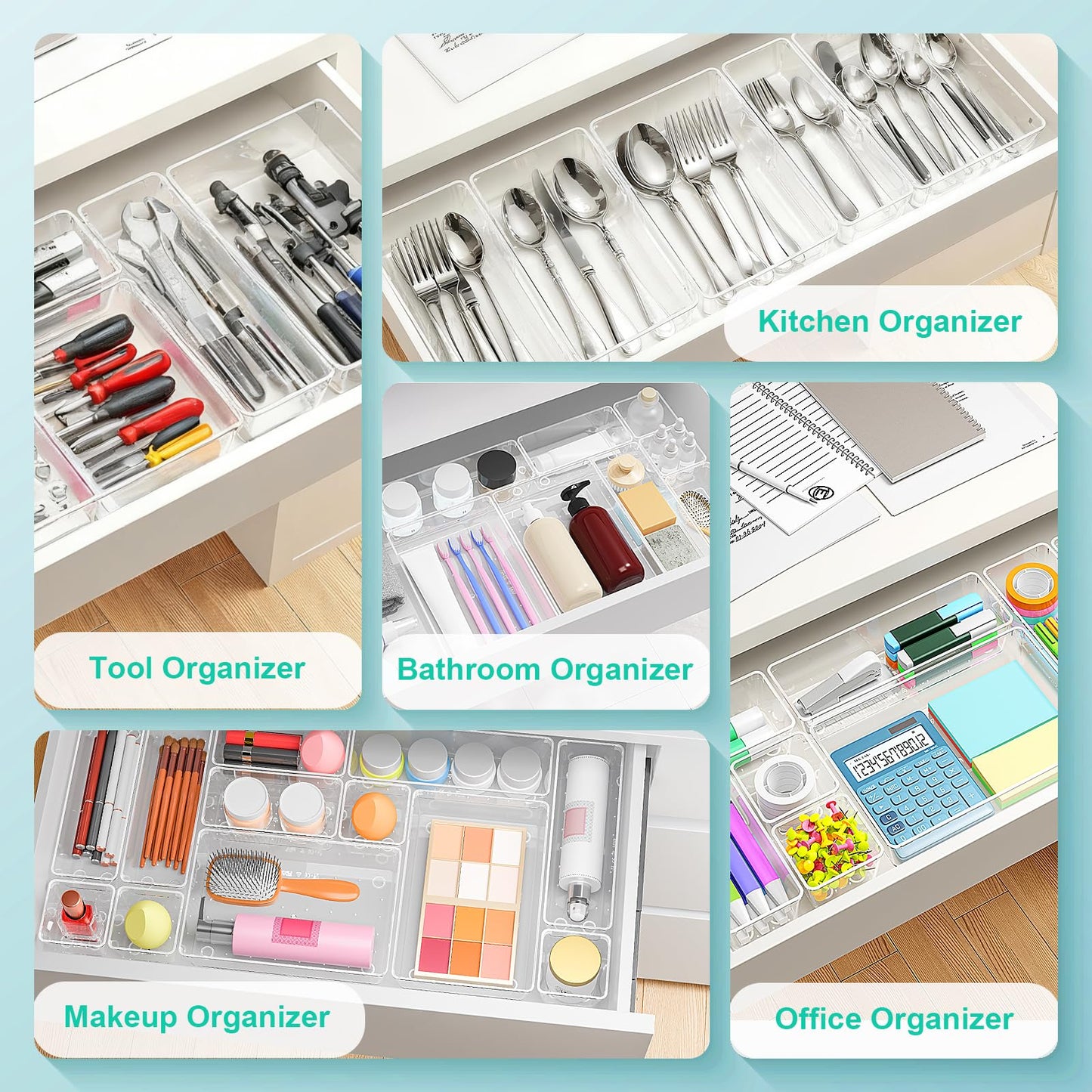 VEXTHYX Clear Plastic Drawer Organizers Set of 45 Vanity trays Stackable Storage Bins Dividers Bathroom Organiser Storage Vanity Bins for Makeup, Kitchen Utensils, Jewelries, Office