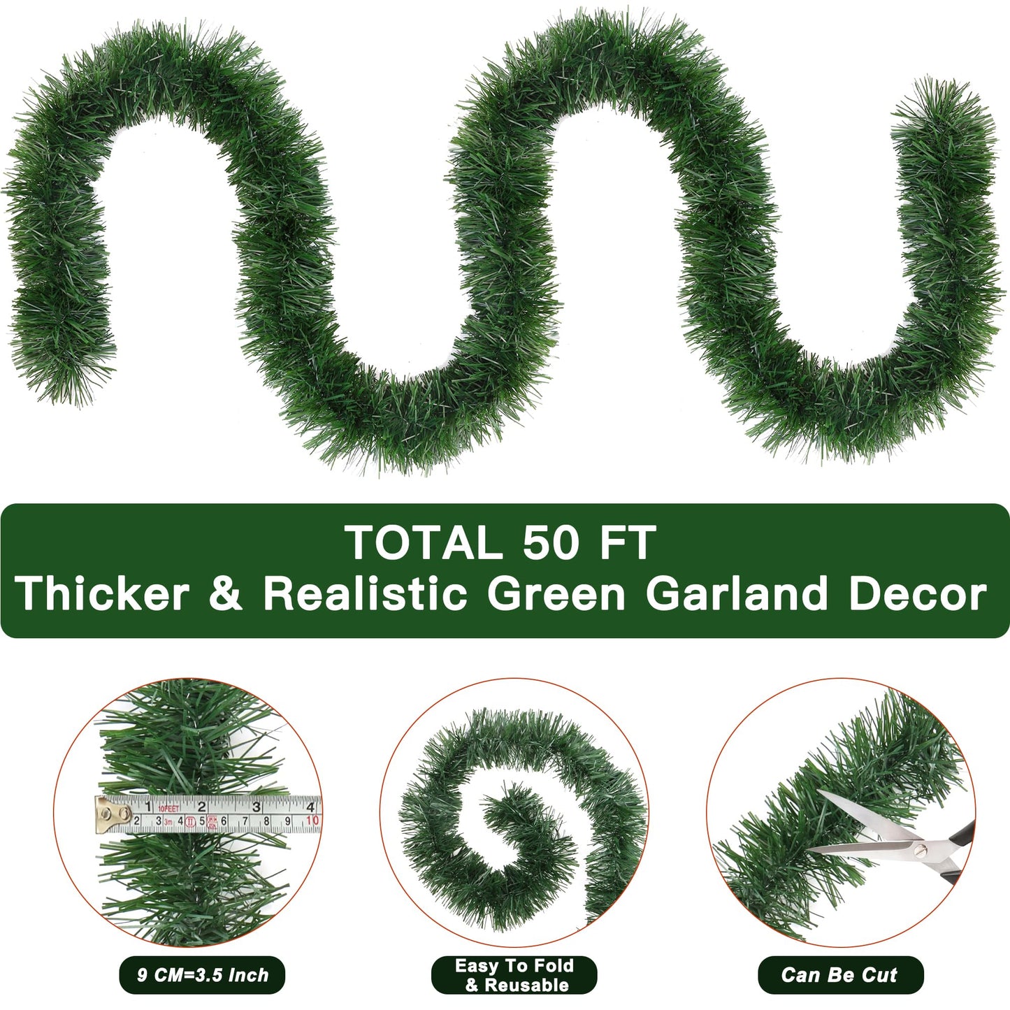 50 Feet Christmas Garland Christmas Decor, Artificial Greenery Pine Garlands Xmas Decorations for Mantle Stairs Fireplace Home Holiday Party Soft Green Garland Christmas Decoration Indoor Outdoor