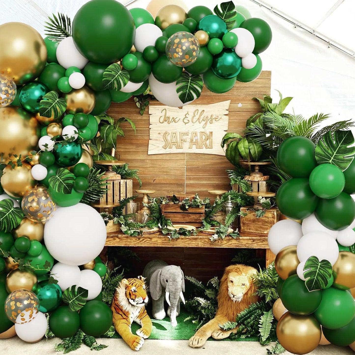 RUBFAC Jungle Balloons Garland Arch Kit - 152pcs Green & Gold Safari Decorations for Wild One Birthday
