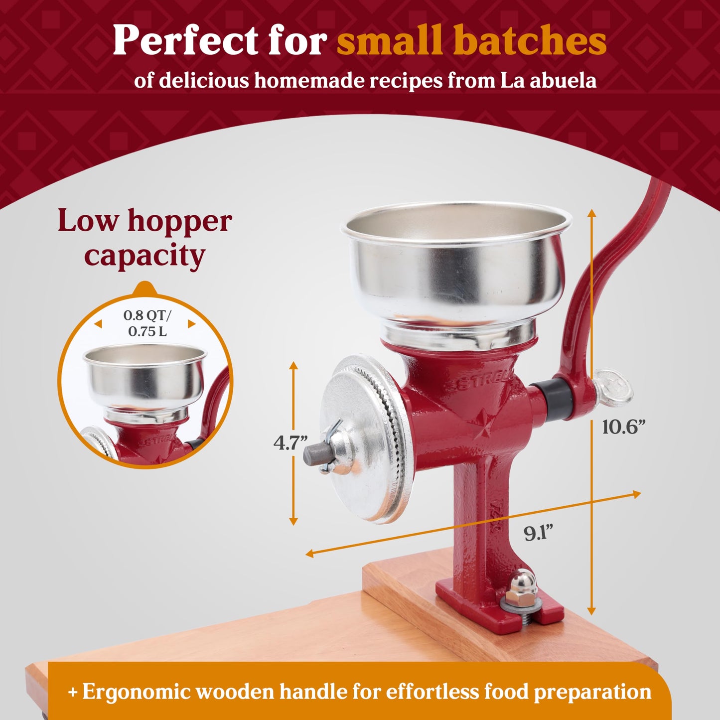 Estrella Grain Mill with Wooden Table, Mexican Manual Corn Grinder for Rice, Chickpeas, Nixtamal Mill Grinder with Cast Iron Construction, (0.8 Quart / 0.75 Liter) Low Hopper