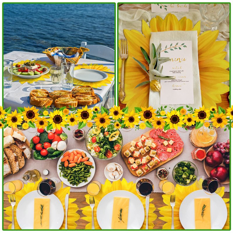 Teling 100 Packs Sunflower Paper Disposable Placemats 13 Inch Sunflower Summer Table Placemats for Bridal Baby Shower Birthday Party Supplies Decorations
