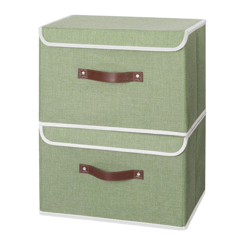 ANMINY 4PCS Storage Bins with Lid PU Leather Handles Storage Boxes PP Plastic Board Decorative Foldable Lidded Cotton Linen Fabric Home Cubes Baskets Closet Organizer Containers - Green, Large Size