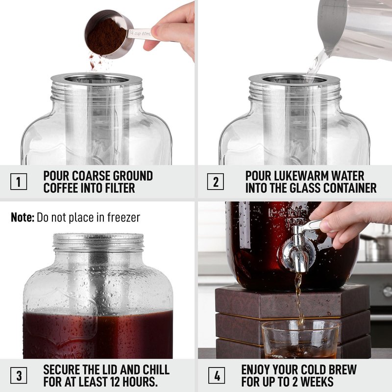 Zulay 1 Gallon/128oz Cold Brew Coffee Maker β Thick Glass Pitcher with Stainless Steel Filter, Lid & Spout β Large Mason Jar Container Dispenser - Iced Coffee & Sun Tea Brewer for Fridge β Silver