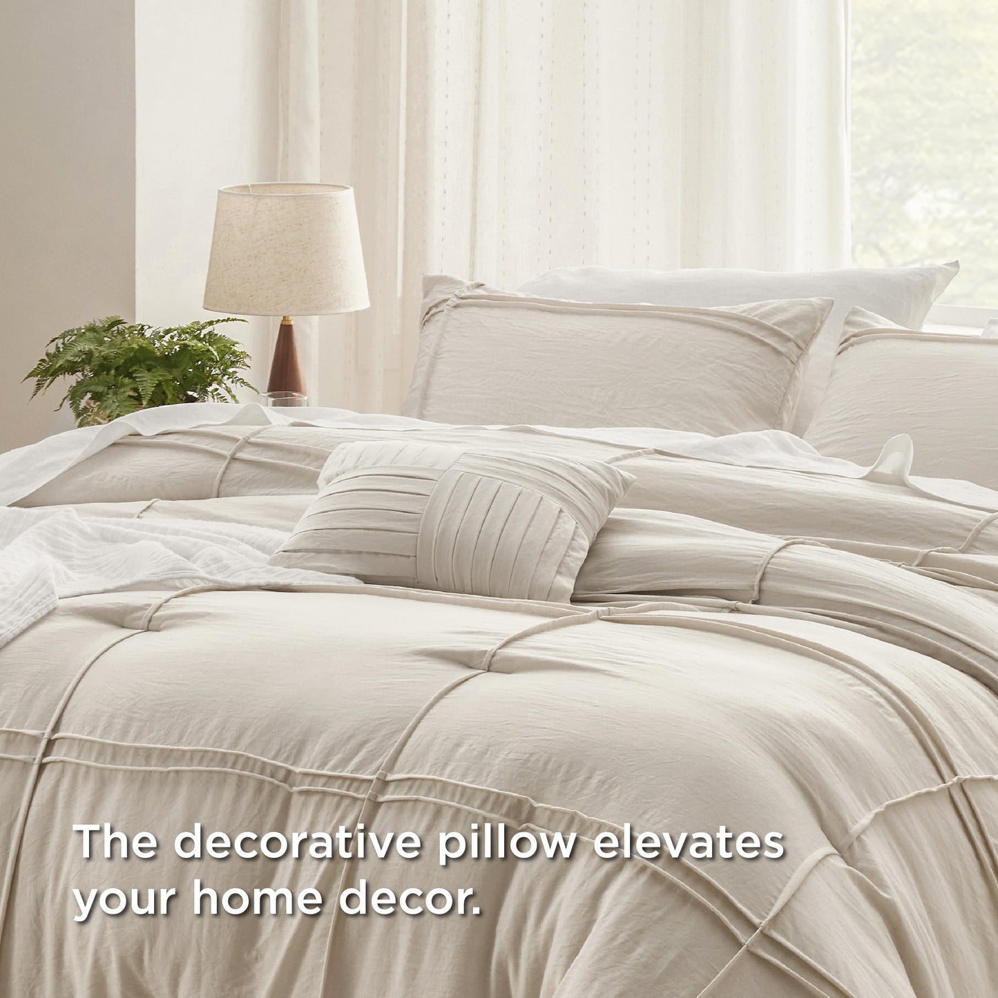 Bedsure King Comforter Set - 4 Pieces Grid Pleat Bed Set, Beige Boho Bedding for All Season, 1 Soft Comforter, 2 Pillowcases, 1 Decorative Pillow