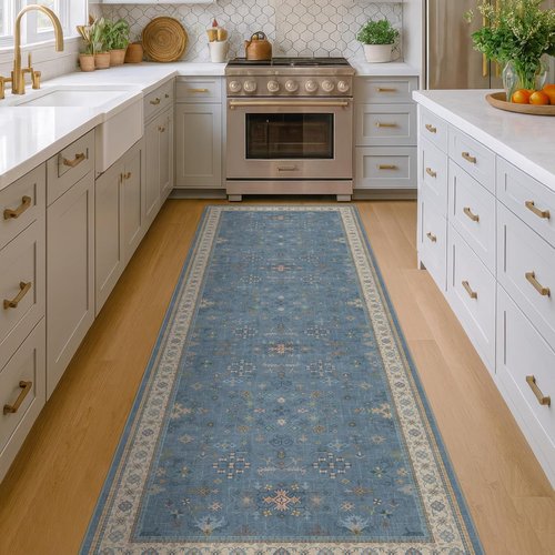 Boho 2'6" x 10' Wide Runner Rug - Light Blue Washable Non-Slip Entryway Rug for Hallway Décor