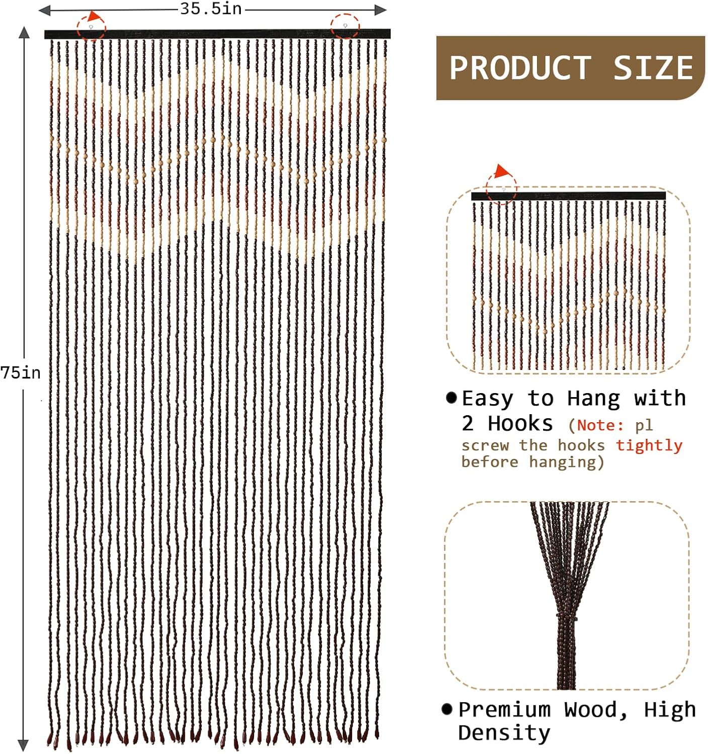 35.5" x 75" Bamboo and Wood Beaded Curtain for Doorway 52 Strands Handmade Bohemian Door Beads Curtain Boho Hanging Room Divider for Bedroom Living Home Deco, Beige