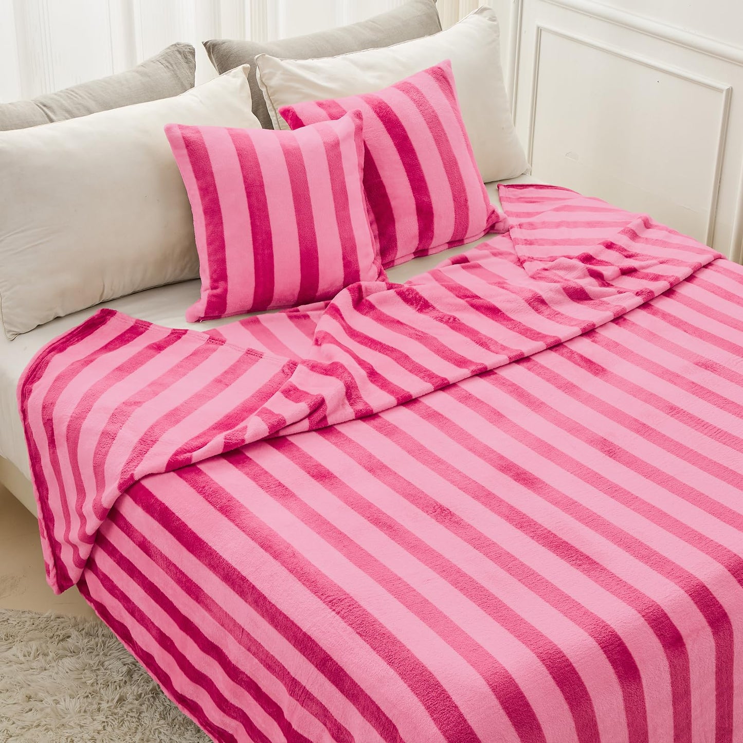 FY FIBER HOUSE Striped Flannel Twin Blanket for Couch Soft Cozy Blankets for Sofa All Season Use, 60x80 Inches, Hot Pink