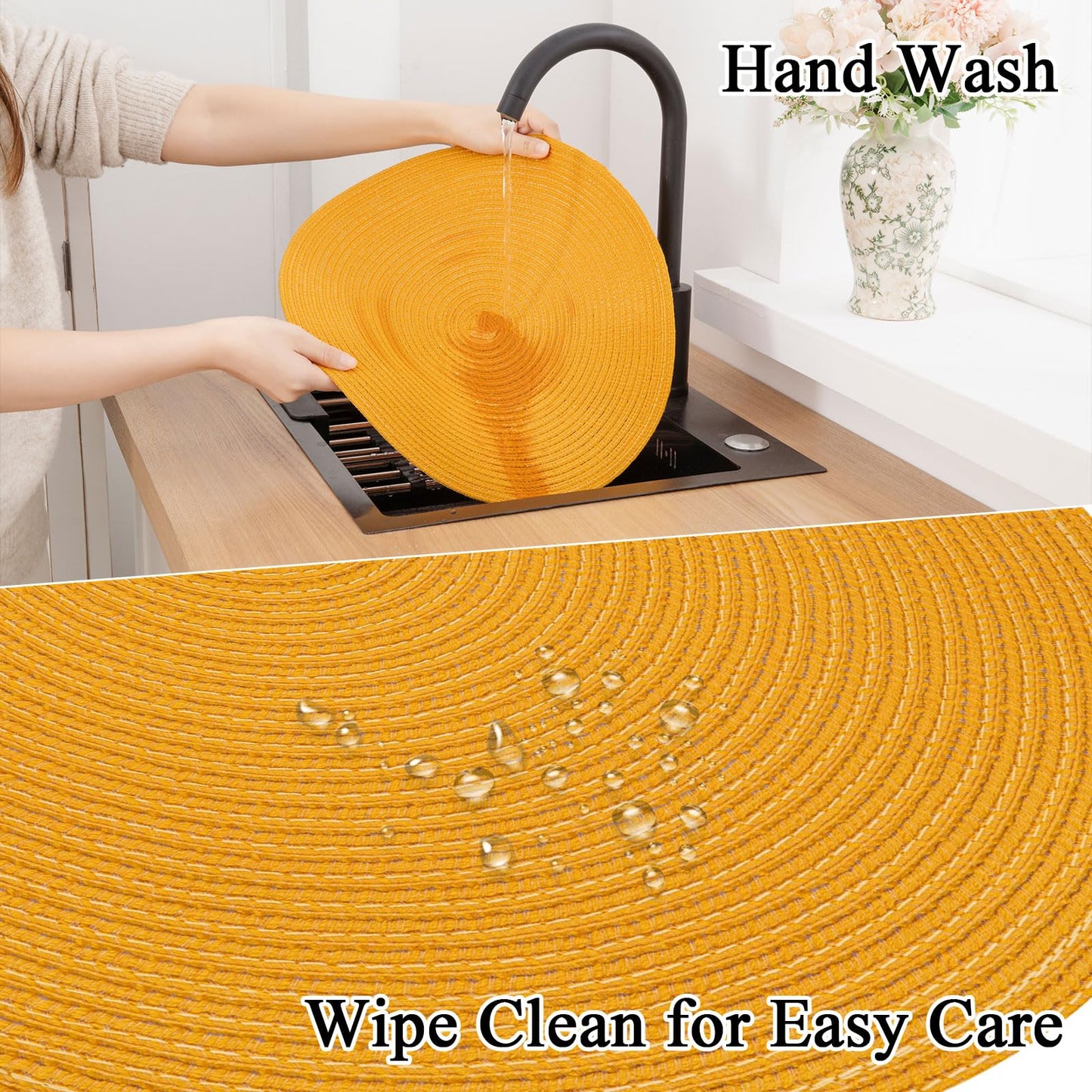 SHACOS 15 inch Round Braided Placemats Set of 6 Non Slip Washable Kitchen Table Place Mats Cotton Polyester Heat Resistant Table Mats for Home Wedding Dinner Party Table Decor, Mustard Yellow