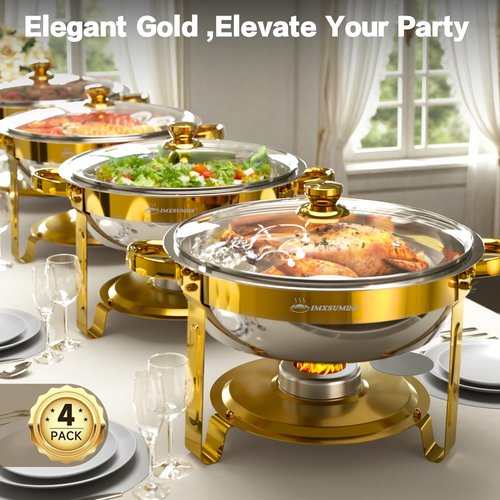 IMXSUMDA Chafing Dish Buffet Set 4 Pack, 5QT Gold Round Chafing Dishes for Buffet, High Grade Chafers and Buffet Warmers Sets with Glass Lid, Rolled-Edge Food Warmers for Parties, Weddings, Catering