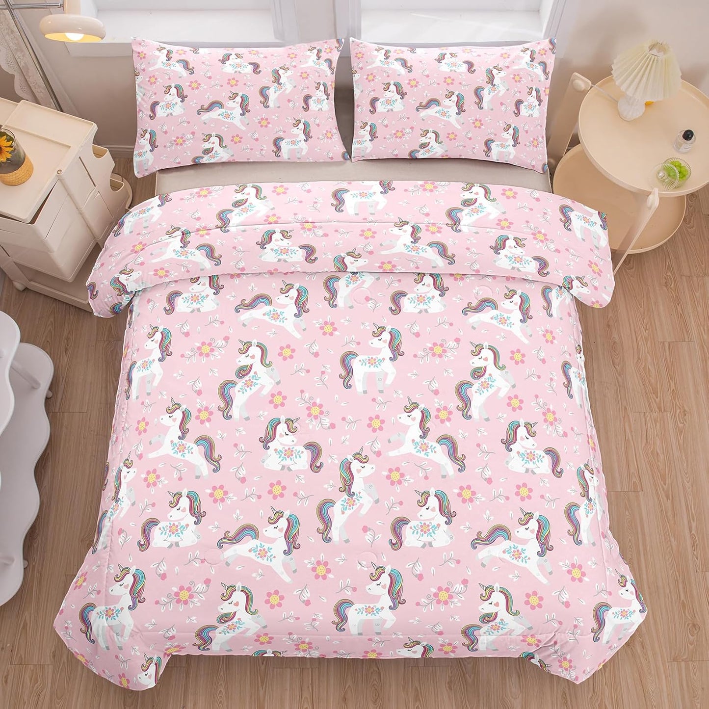 Peopleareok Unicorn Full Comforter Set for Girls Kids, Cute Pink Purple Unicorn Print Bedding Set Full, 5-Piece Bed in a Bag, Kids Cartoon Kawaii Comforter with Sheet Set