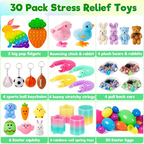 30 Pack Prefilled Easter Eggs with Toys Inside, Bulk Mix 4 Sizes Plastic Easter Eggs with Assorted Novelty Toys, Filled Surprise Eggs for Easter Hunt, Easter Basket Stuffers, Party Favors for Kids