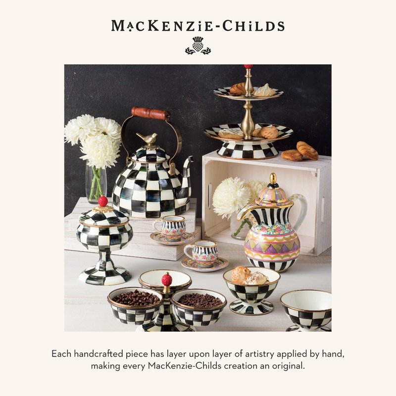 MACKENZIE-CHILDS Enamel Teacup, Unique Coffee and Tea Mug, Enamel Cup for Hot Tea, 10 Ounces, Brown-and-White Mocha Check