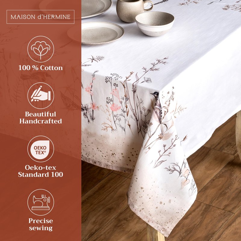 Maison d' Hermine Table Cloth Square Table 100% Cotton 54 x 54 Inches Tablecloth Reusable Decorative for Dining Kitchen Room Farmhouse Home Gifts for Mothers day Spring Summer - Meadow Florals - Brown