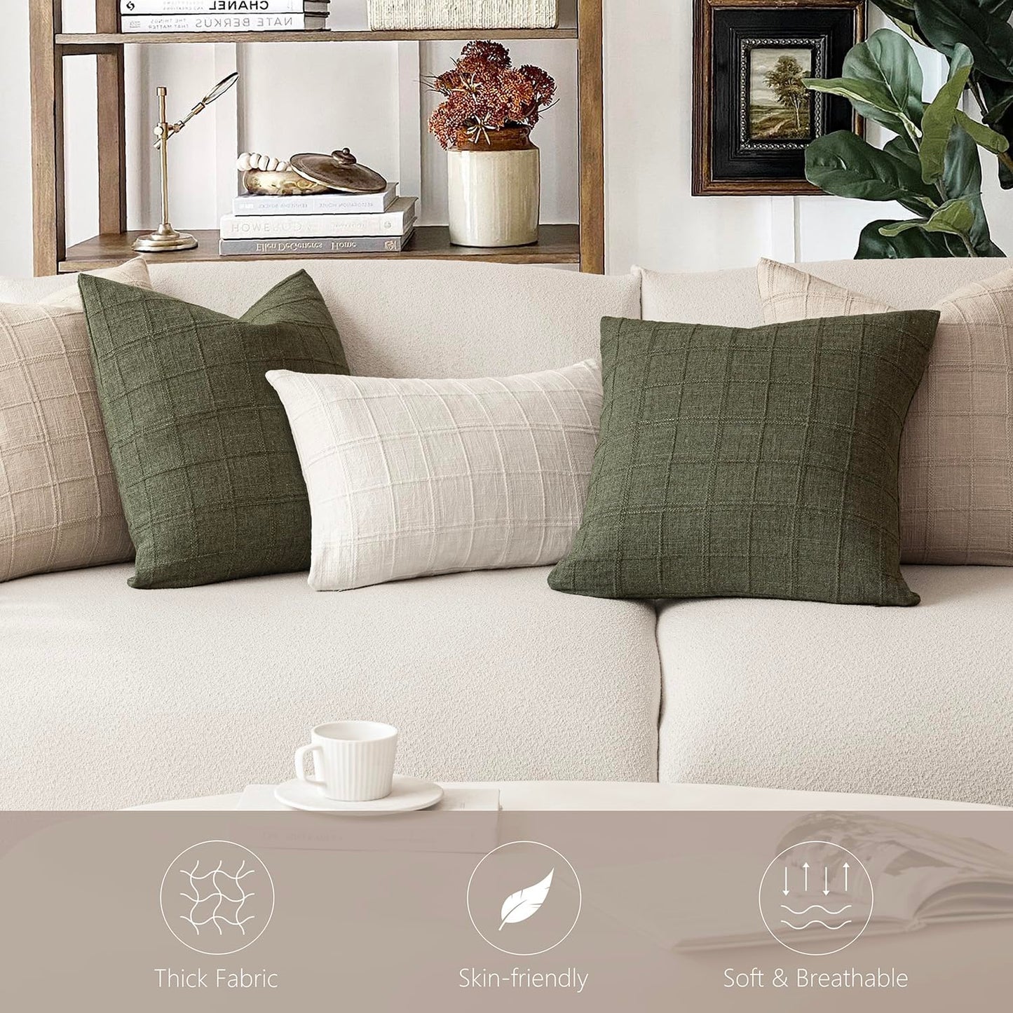 Foindtower Set of 2 Decorative Linen Check Throw Pillow Covers Neutral Farmhouse Lumbar Cushion Covers Modern Boho Home Decor for Sofa Chair Couch Bedroom Living Room,12×20 Inch,Natural Linen