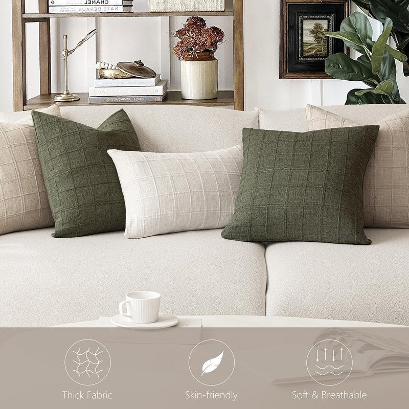 Foindtower Set of 2 Decorative Linen Check Throw Pillow Covers Neutral Farmhouse Lumbar Cushion Covers Modern Boho Home Decor for Sofa Chair Couch Bedroom Living Room,12×20 Inch,Natural Linen