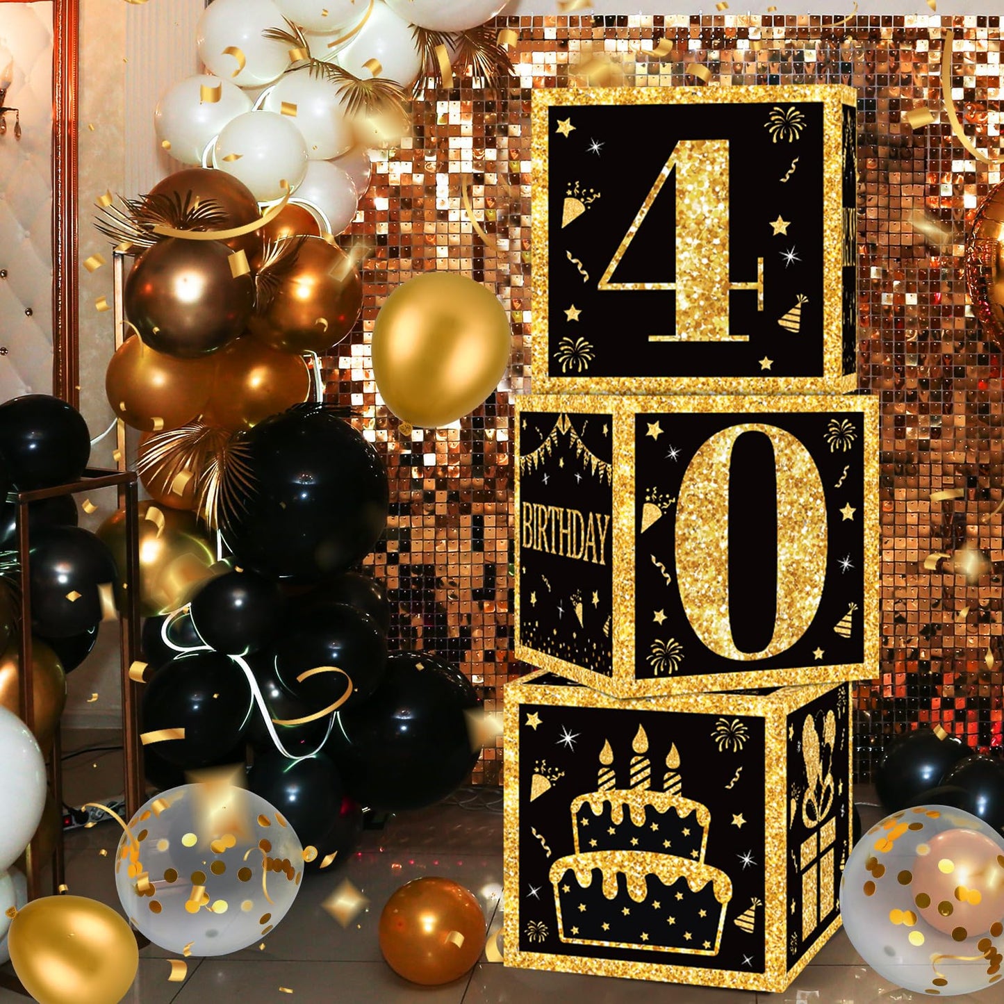 40th Birthday Decorations Boxes for Men- 3PCS Black Gold Happy 40th Birthday Balloons Boxes, 40 Year Old Party Supplies for Men Women