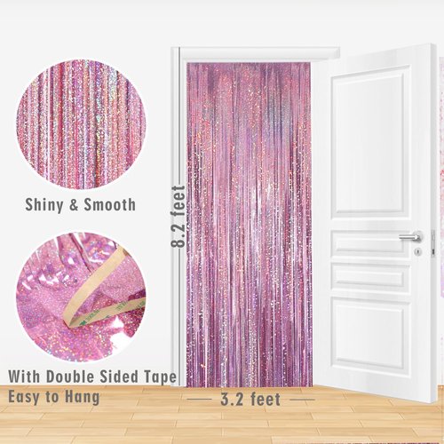 GOER Metallic Tinsel Foil Fringe Curtains - 3.2 ft x 8.2 ft | Perfect for Birthday, Graduation, New Year & Wedding Decor (4 Packs, Laser Pink)