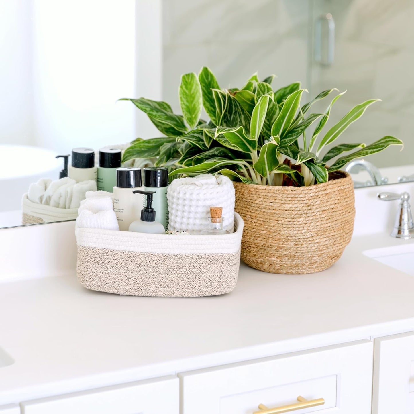 NaturalCozy Storage Baskets - 3 Pack Cotton Rope Woven Bins for Organizing | Small Size for Nursery, Bathroom, Closet