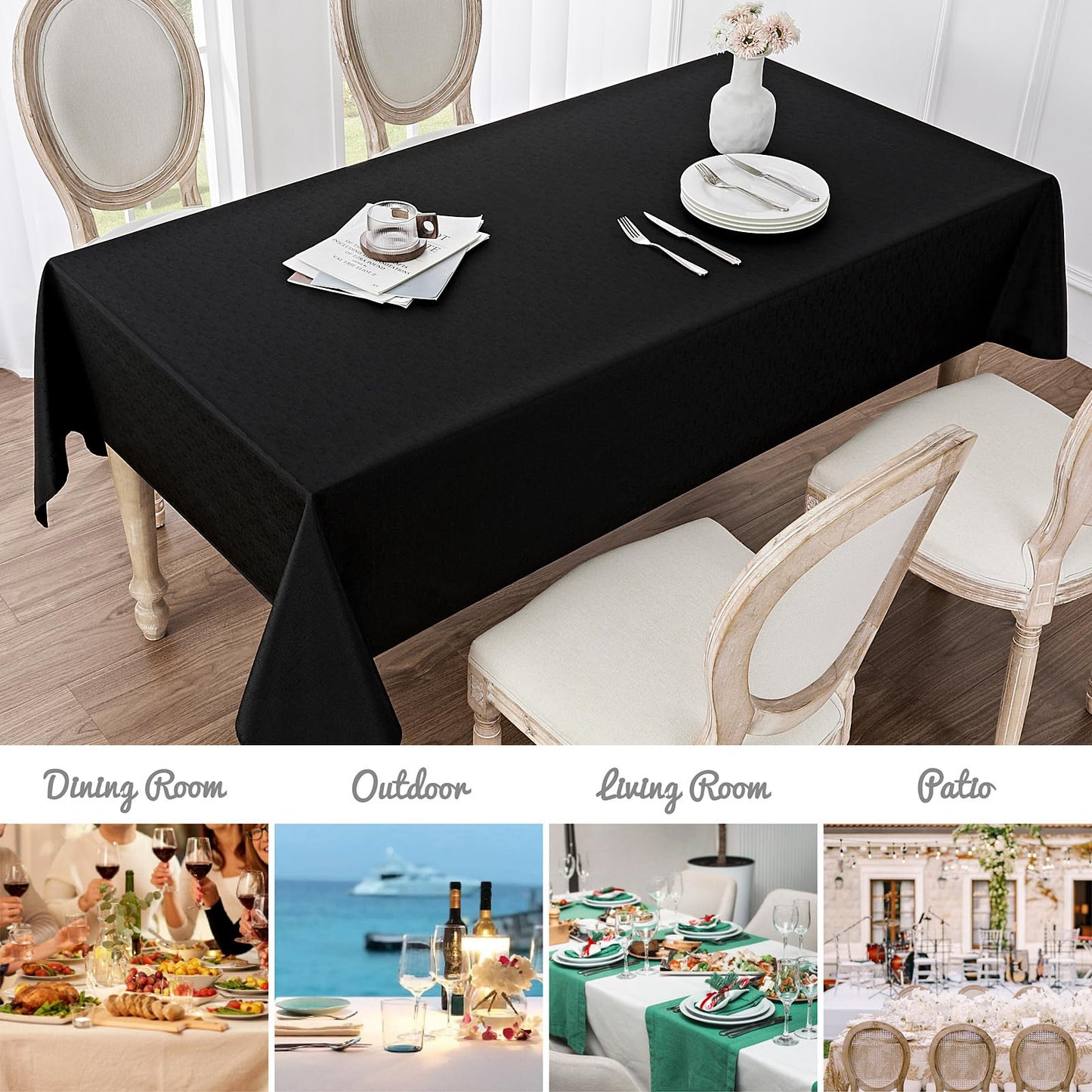 Veblandy Rectangle Tablecloth Waterproof 60x144 inch Linen Textured Table Cloth Stain and Wrinkle Resistant Washable, Decorative Fabric Table Cover for Dining, Party and Camping, Black