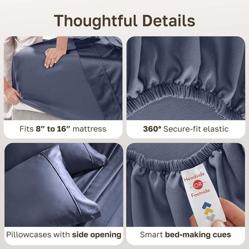 California Design Den King Size Bed Sheets Set - 100% Cotton, 400 TC, Smooth Sateen Finish, Deep Pockets - Indigo Dusty Blue