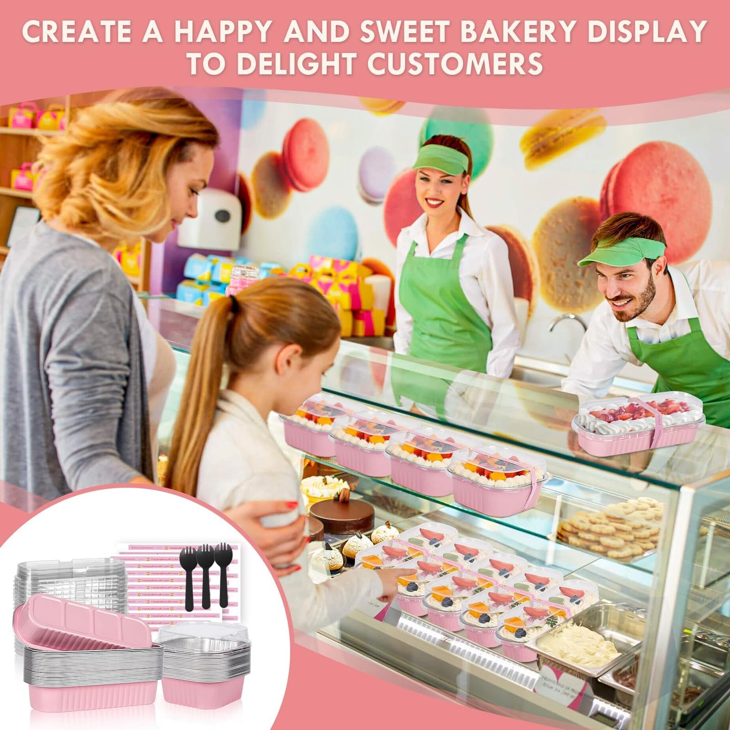 YQER Mini Loaf Pans with Lids for Baking Bread Disposable, Mini Baking Pans with Lids and Spoons Pink Sticker, 50 Pcs 6.8oz Mini Foil Cake Pans, 30pcs 10oz Mini Aluminum Square Baking Cups with Lids