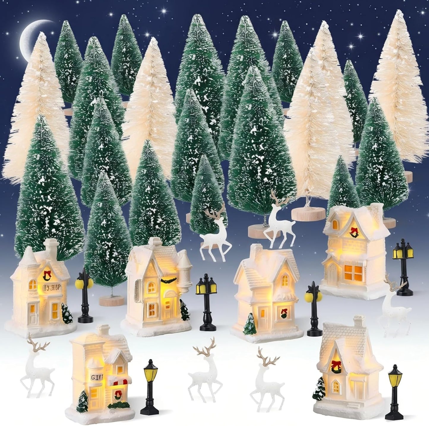 Kasyat Winter Village Set - 50 Pcs LED Lighted White Houses & Mini Trees for Christmas Decor