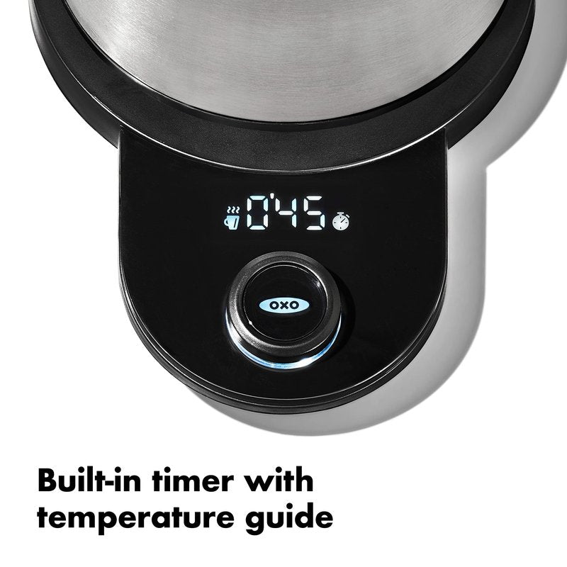 OXO Brew Gooseneck Electric Kettle – Hot Water Kettle, Pour Over Coffee & Tea Kettle, Adjustable Temperature, Built-In Brew Timer, Stainless Steel, 1L