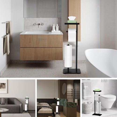 Freestanding Toilet Paper Holder Stand - Rustproof Metal Design with Weighted Base | Holds 4 Spare Rolls & Shelf for Phone