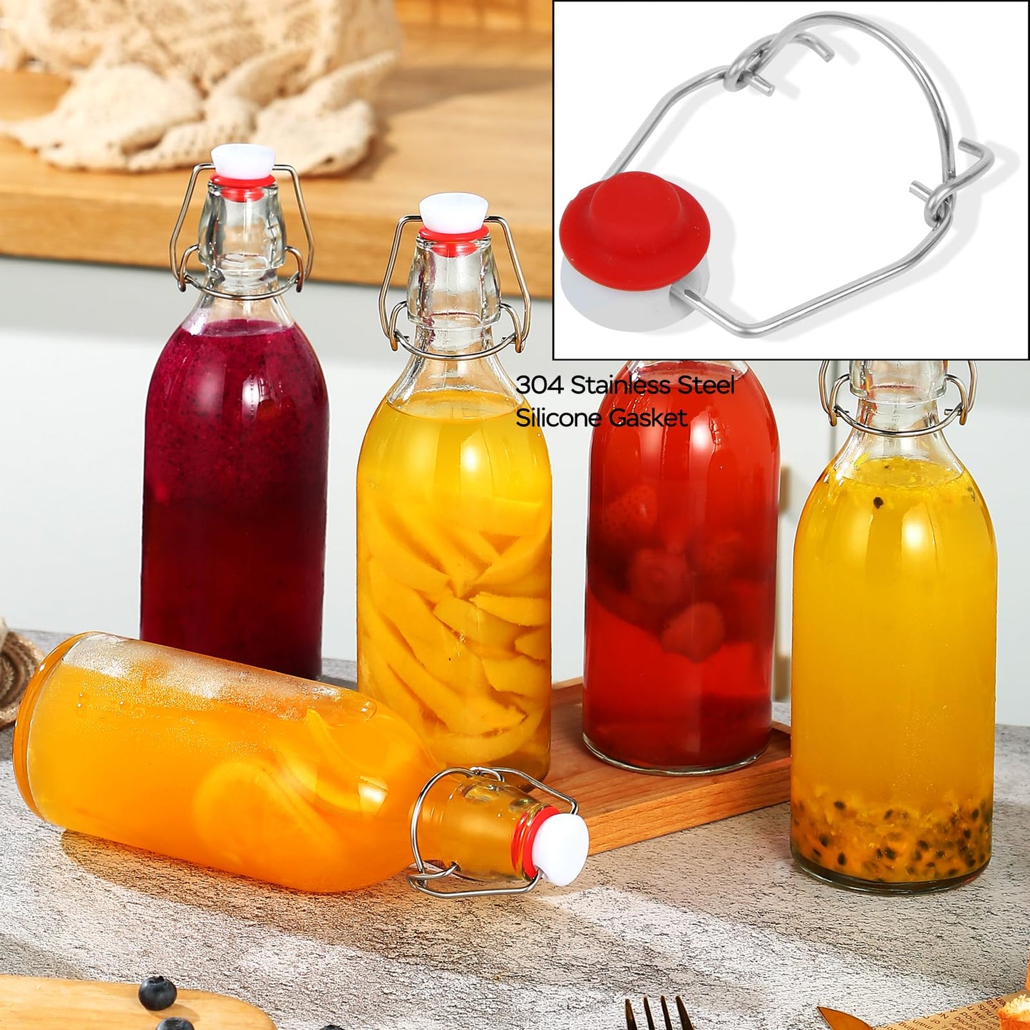 4 Pack Swing Top Glass Bottles 32 oz,Flip Top Glass Bottles 32 oz with Airtight Lids for Home Brewing,Kombucha,Kefir,Vanilla Extract,Beer,Oil,Vinegar,Homemade Juices,Soda,Beverages,2nd Fermentation