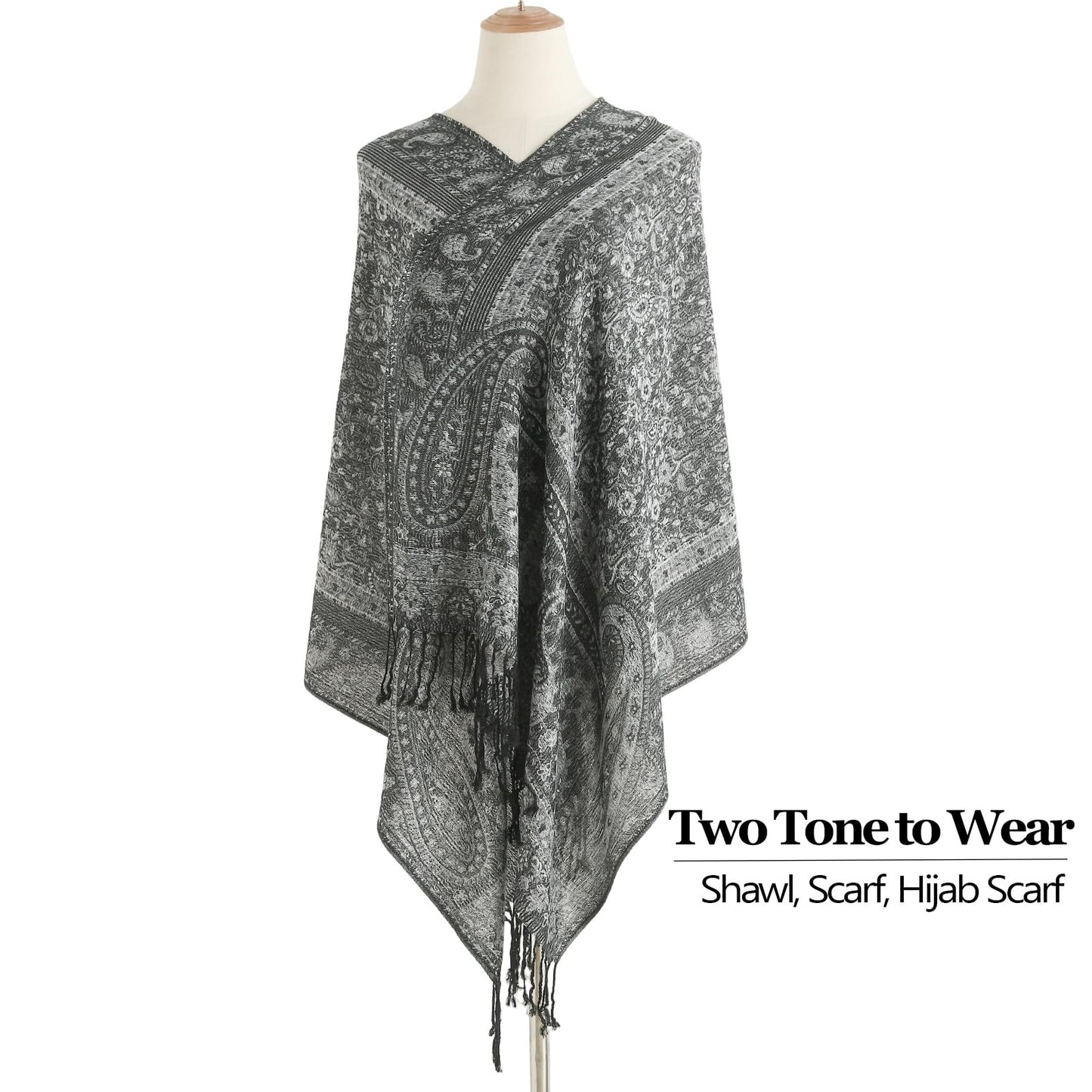 Rave Pashmina Scarf-Winter Warm Paisley Jacquard Pashmina Shawls and Wraps with Fringes(Sy3-Black Silver)