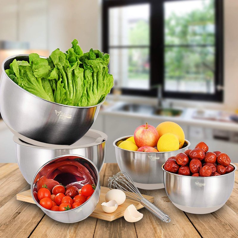 Wildone Mixing Bowls with Airtight Lids Set, 5PCS Stainless Steel Khaki Nesting Bowls for Kitchen, with Grater Attachments & Non-Slip Bottoms, Size 5, 3, 2, 1.5, 0.63 QT, Great for Mixing & Serving