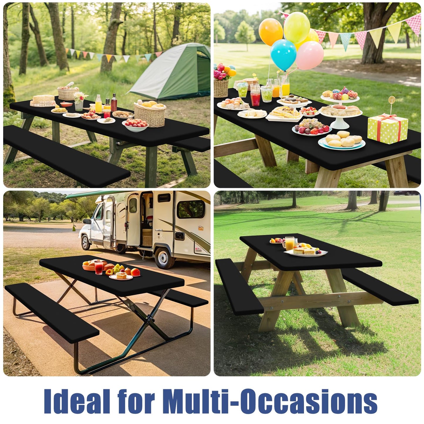 Moosfor Picnic Table Cover with Bench Covers, Elastic Fitted Spandex Tablecloths for 6 Foot Rectangle Tables, Stretch Washable Patio Tablecloth for Outdoor, Camping (Black, 30"x70")