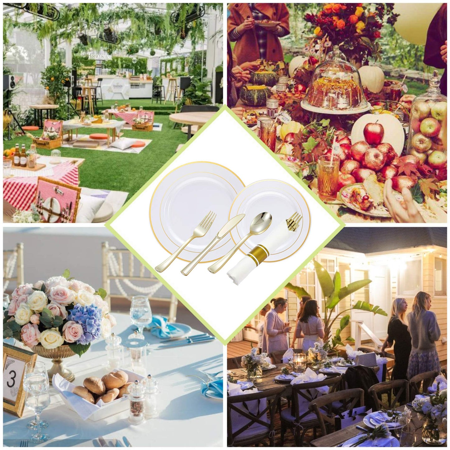 Gold Plastic Plates and Disposable Silverware w/Per-Rolled Napkins,Home Parties Heavy Duty Dinnerware incl Dinner Plates,Linen Like Napkin, Cutlery(72 pcs,12 Guests)