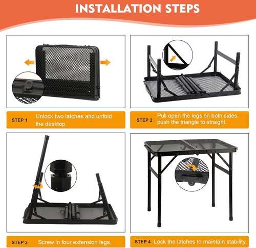 GREGIN Lightweight Portable Camping Table - Mesh Desktop, Height Adjustable, 2 FT Black for BBQ & Picnic