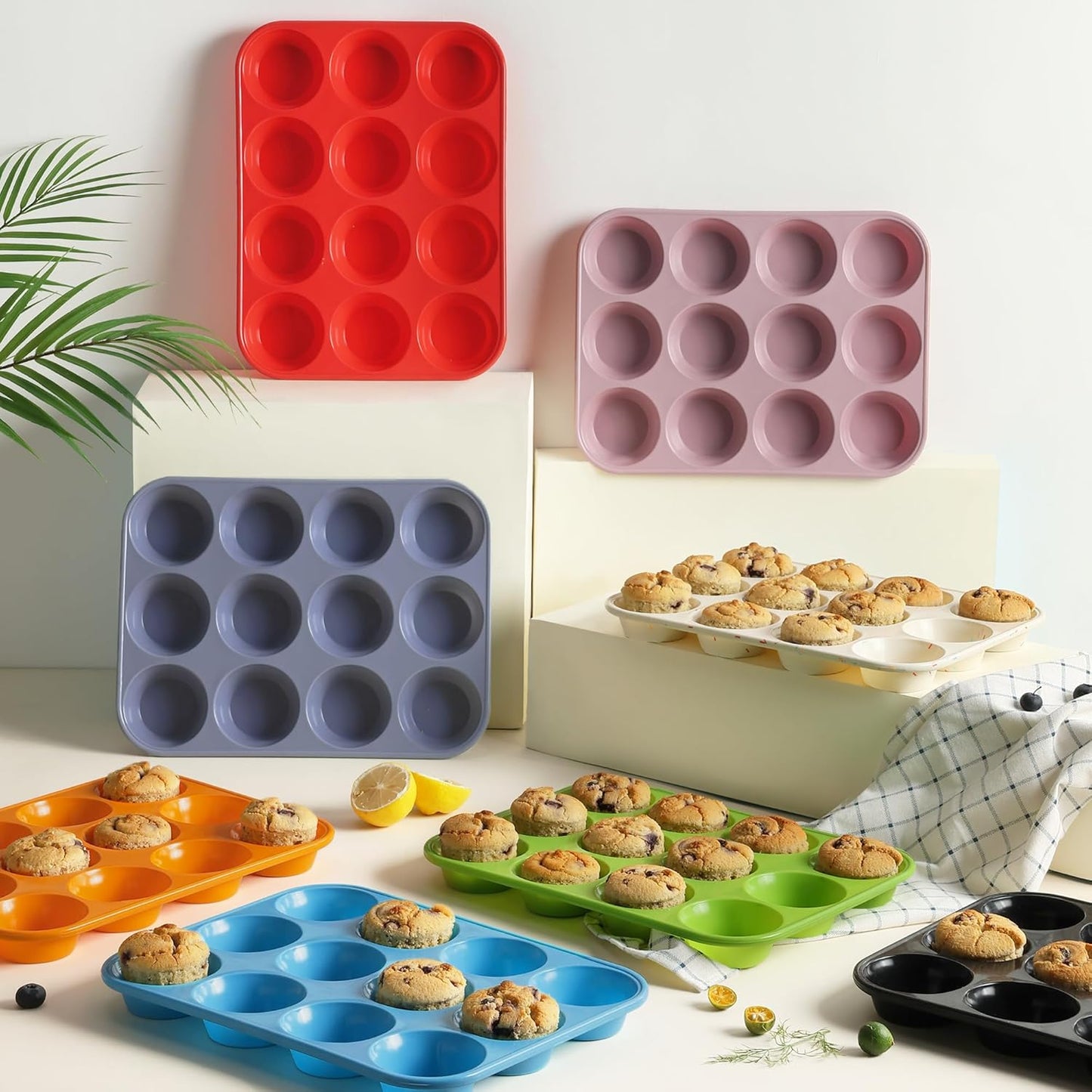Skiennix Silicone Muffin Pan - 12-Cup Nonstick Baking Molds with Metal Reinforced Frame | Regular Size