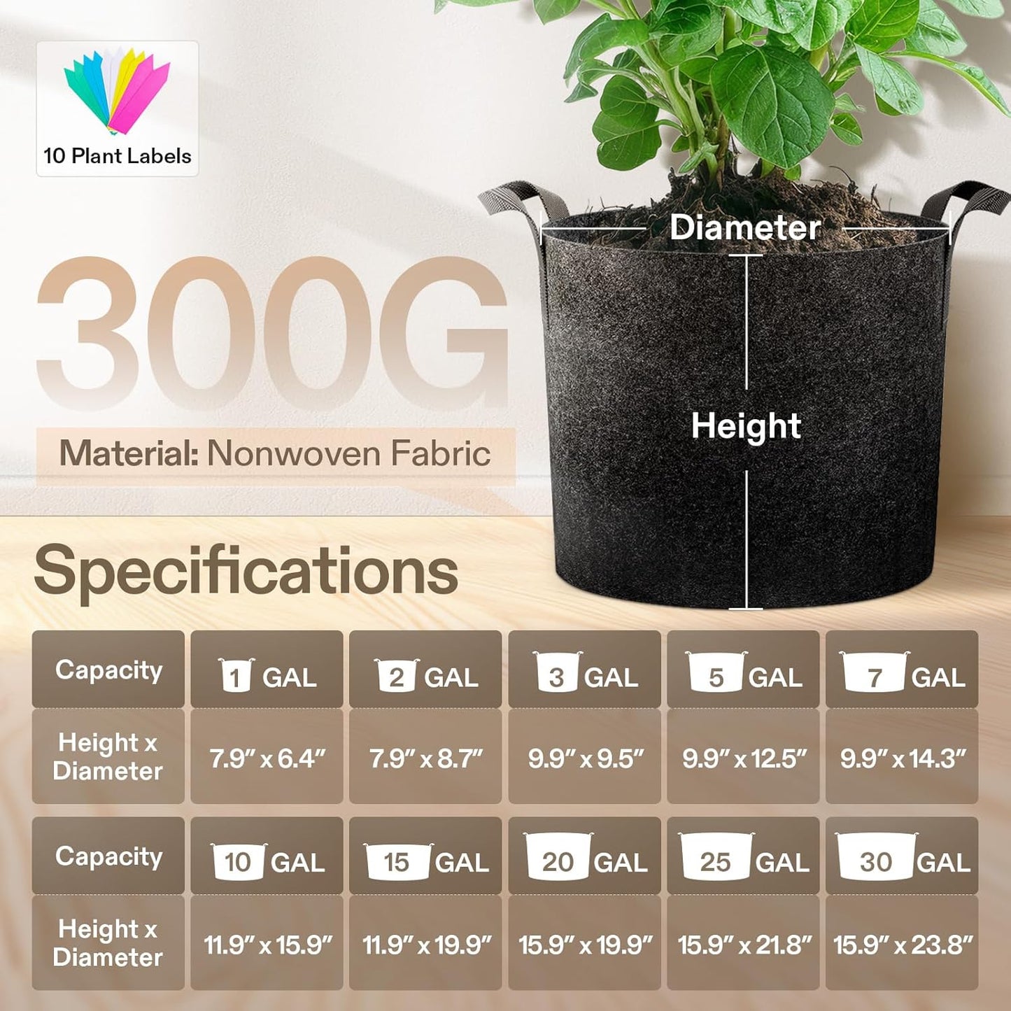 VIVOSUN 5-Pack Heavy-Duty 5 Gallon Grow Bags - 300G Thick Nonwoven Plant Pots with Handles