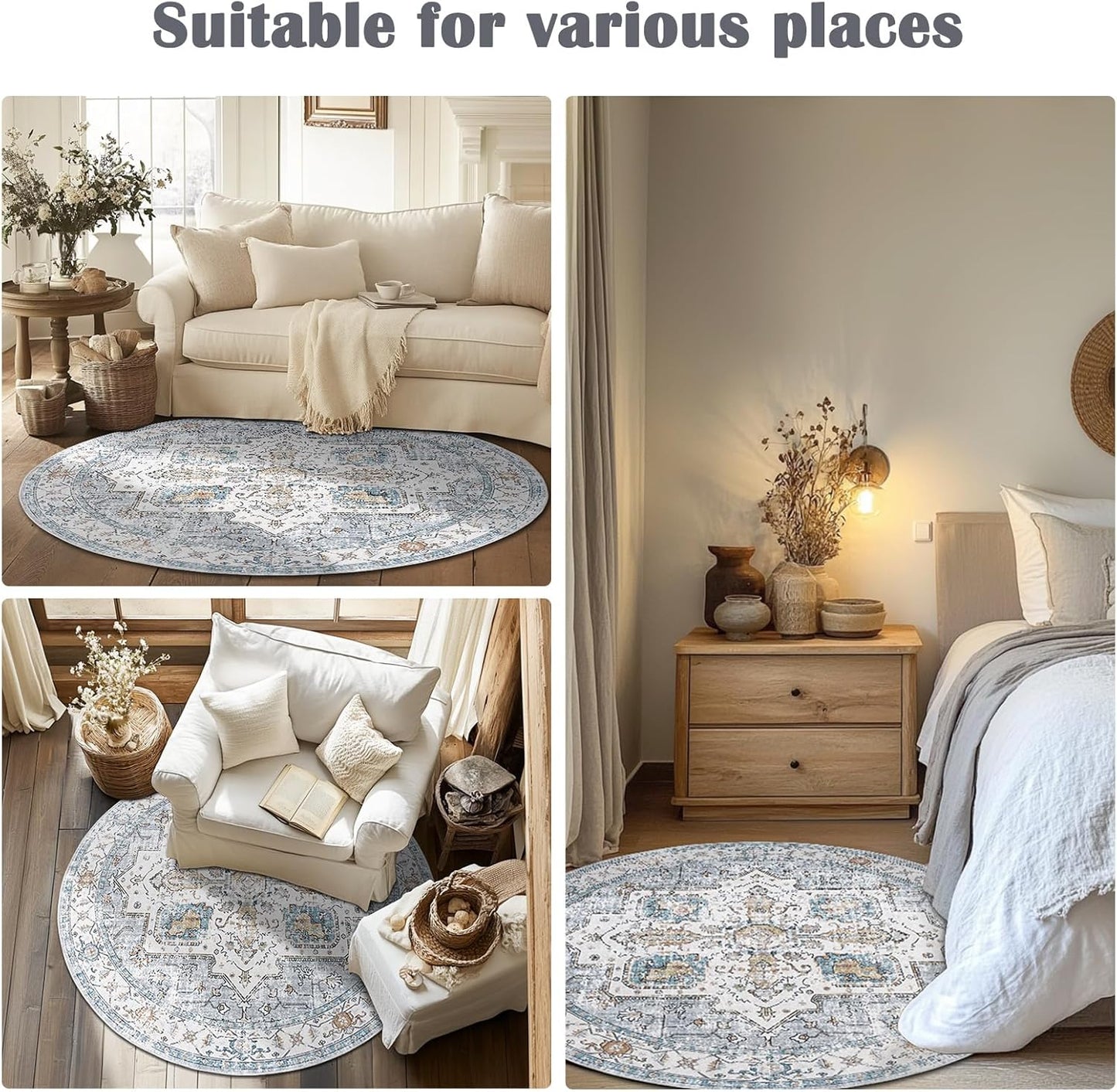 jinchan Round Rug 5ft Area Rug - Machine Washable 5'Circle Vintage Floral Non-Slip with Rubber Backing Ultra-Thin Low-Pile Carpet for Bedroom Living Room Dining Room Entryway (5'Round,Grey/Blue)
