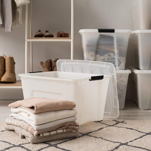 IRIS USA 54 QT Plastic Storage Box - BPA-Free, Durable Nestable Containers with Lids - 4 Pack, Pearl Color