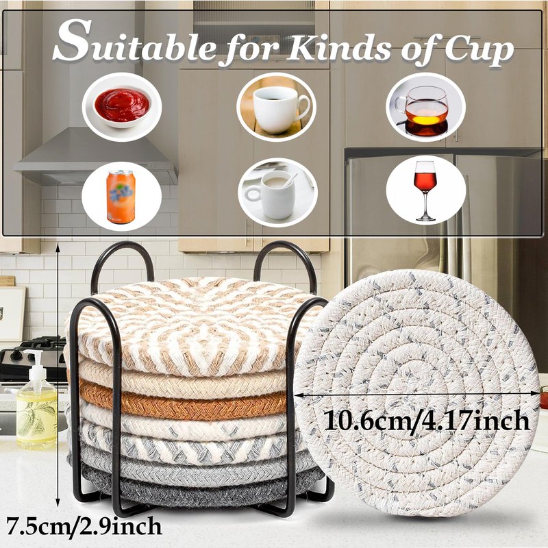 Windran Woven Coasters Set of 8, Absorbent Drink Coasters with Holder, Boho Cotton Coffee Cup Coaster for Table, Desk, Coffee Bar, Housewarming Gift (8 Colors,4.17 Inch)