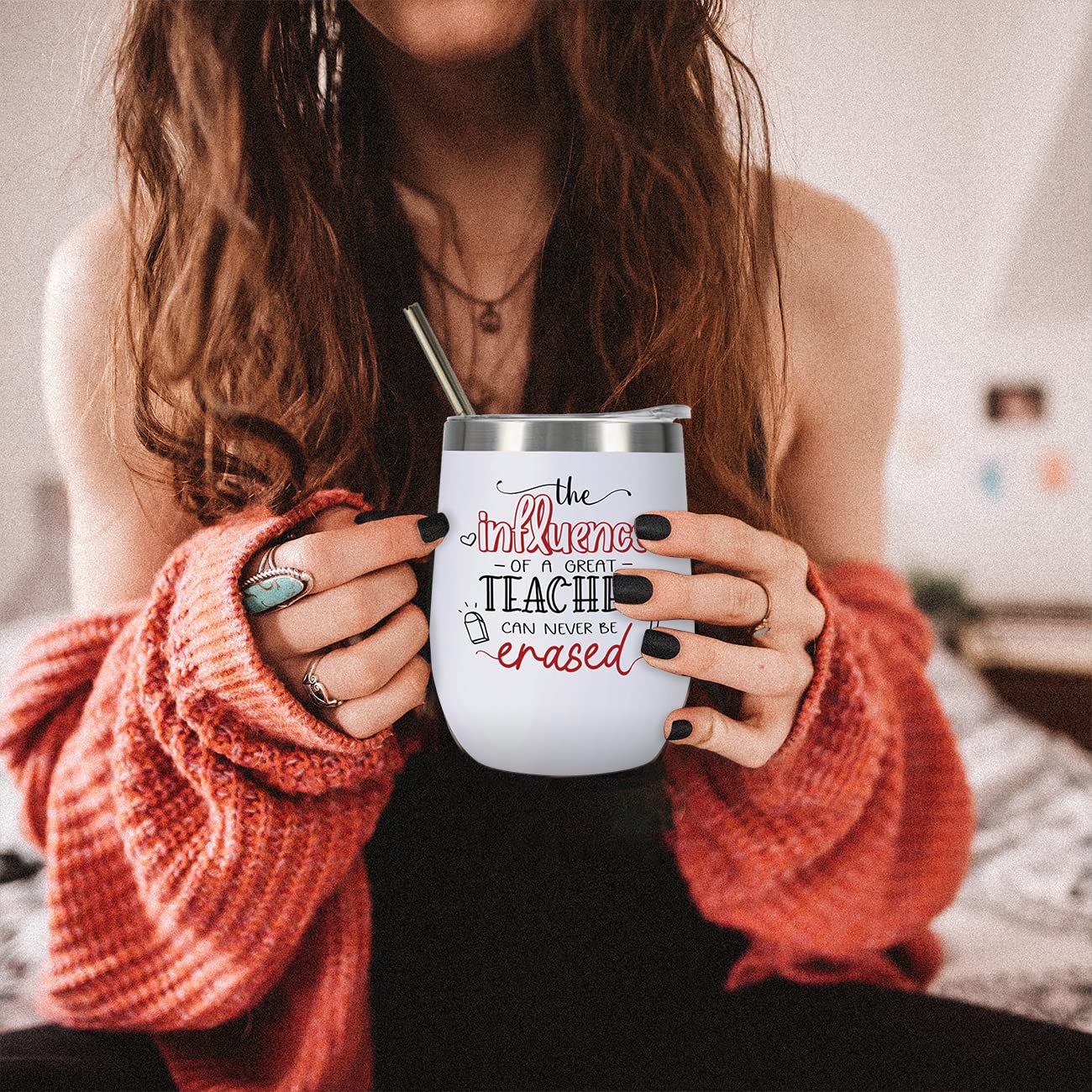 CARAKNOTS Teacher Appreciation Gifts for Women Tumbler Teacher Gifts for Valentines Graduation Birthday Retirement Christmas 12 oz Stainless Steel Wine Tumbler with Lid and Straw White