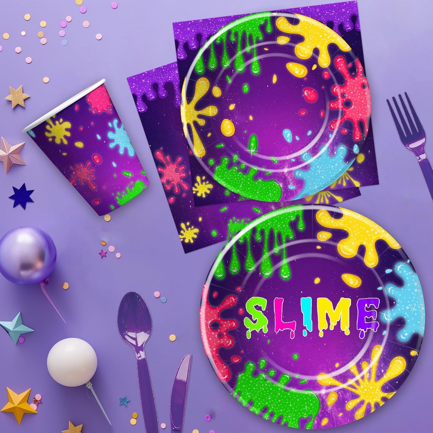 Suhelkit Slime Birthday Party Decorations Tableware - Slime Party Supplies, Plate, Cup, Napkin, Tablecloth, Cutlery, Purple Glitter Slime Splatter Splash Colorful Theme Table Decorations | Serve 24