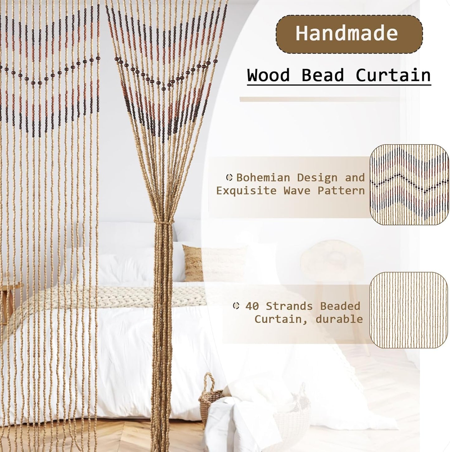 35.5" x 75" Bamboo and Wood Beaded Curtain for Doorway 52 Strands Handmade Bohemian Door Beads Curtain Boho Hanging Room Divider for Bedroom Living Home Deco, Beige