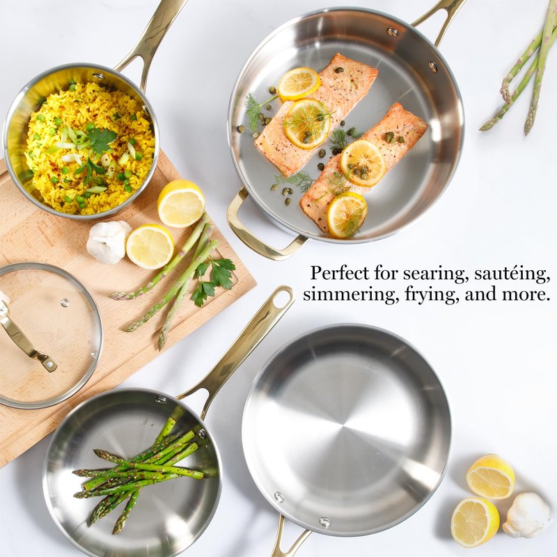 Martha Stewart Castelle 10 Piece 18/8 Durable Stainless Steel Induction Safe Pots and Pans Non-Toxic Kitchen Cookware Set - Gold Handles - Dishwasher Safe