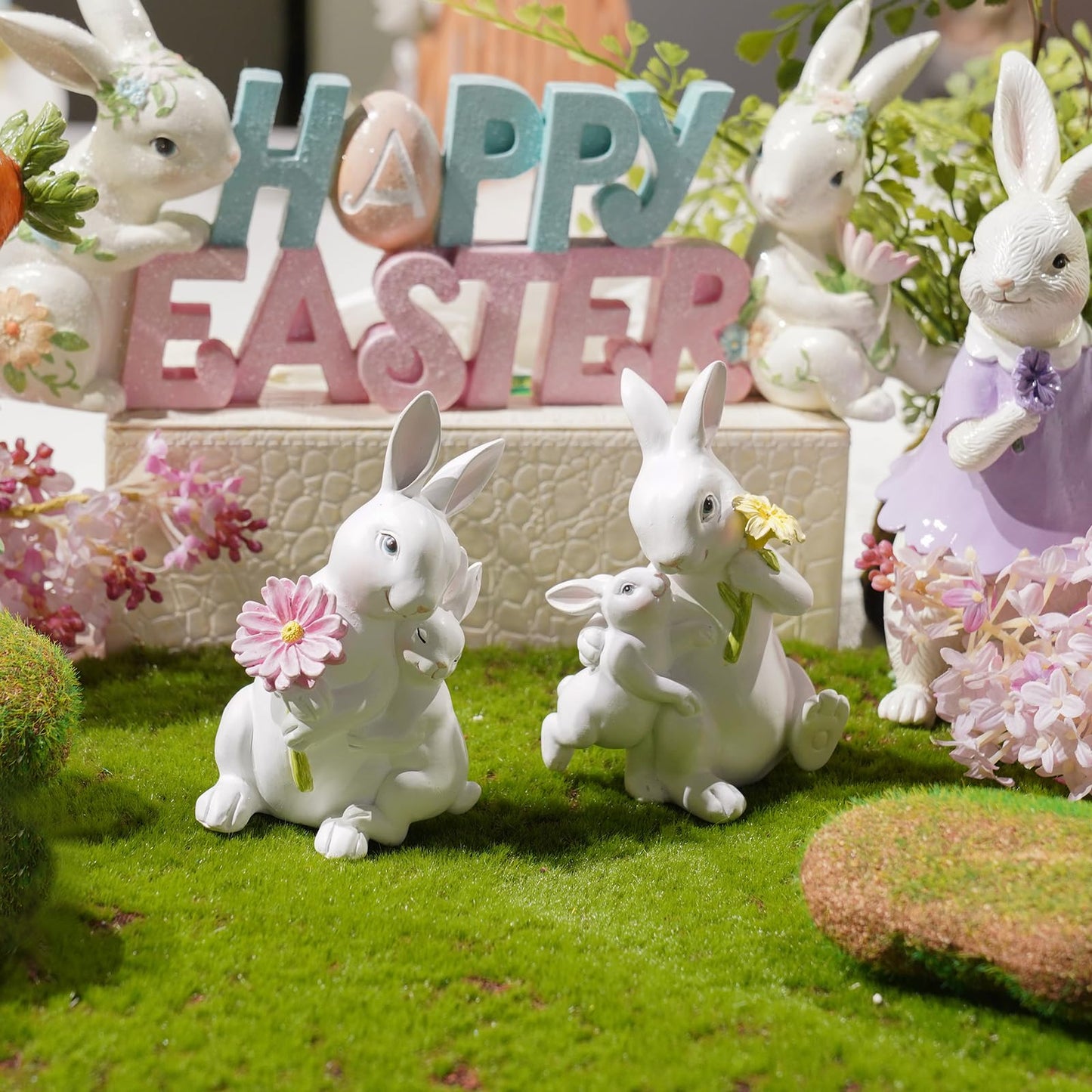 Braxio Easter Bunny Family Figurine Decoration - Bunny Collectible Figurines for Easter Decoration/Spring/Wedding Set of 2