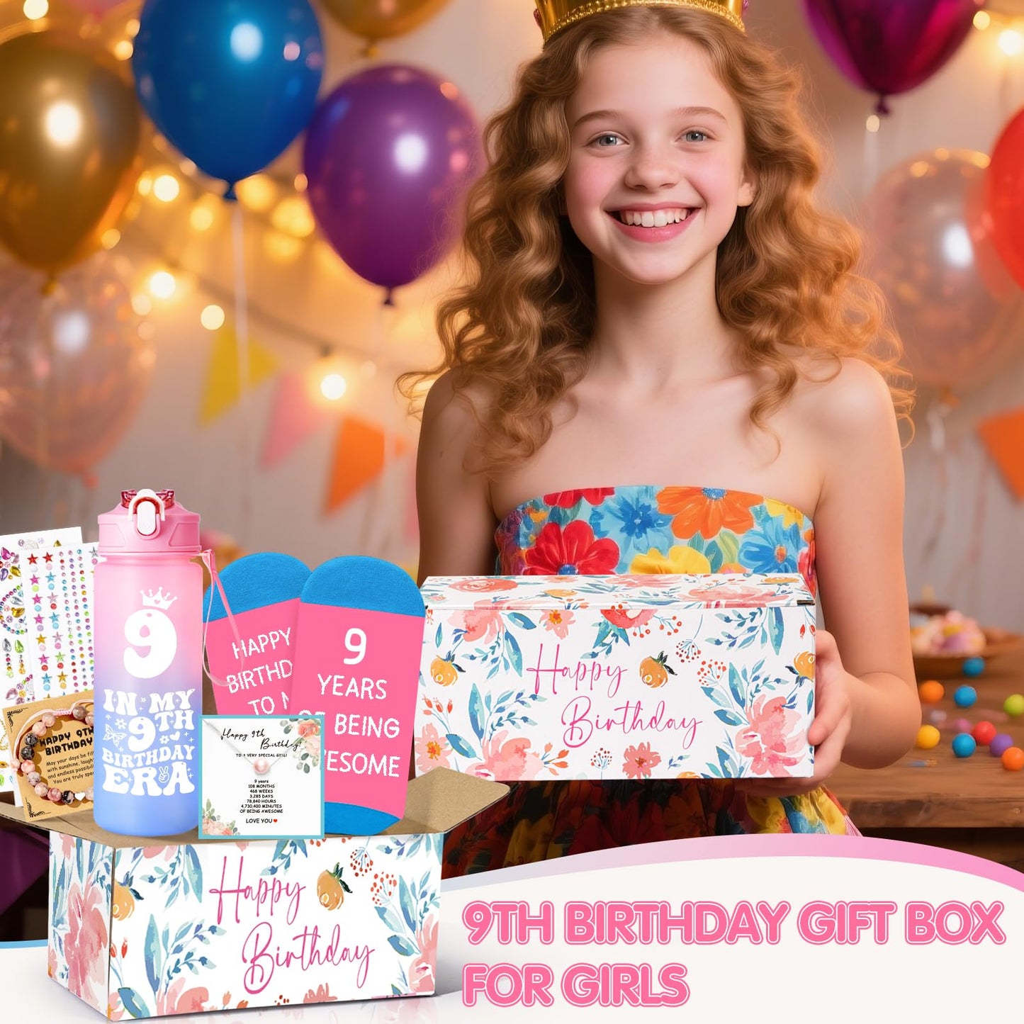 Frerdui 9 Year Old Girl Birthday Gifts, Cute Presents for 9 Year Old Girls, Tween Girl Gift Set with in My 9th Birthday Era Water Bottle, Socks, Bracelet & DIY Diamond Kit