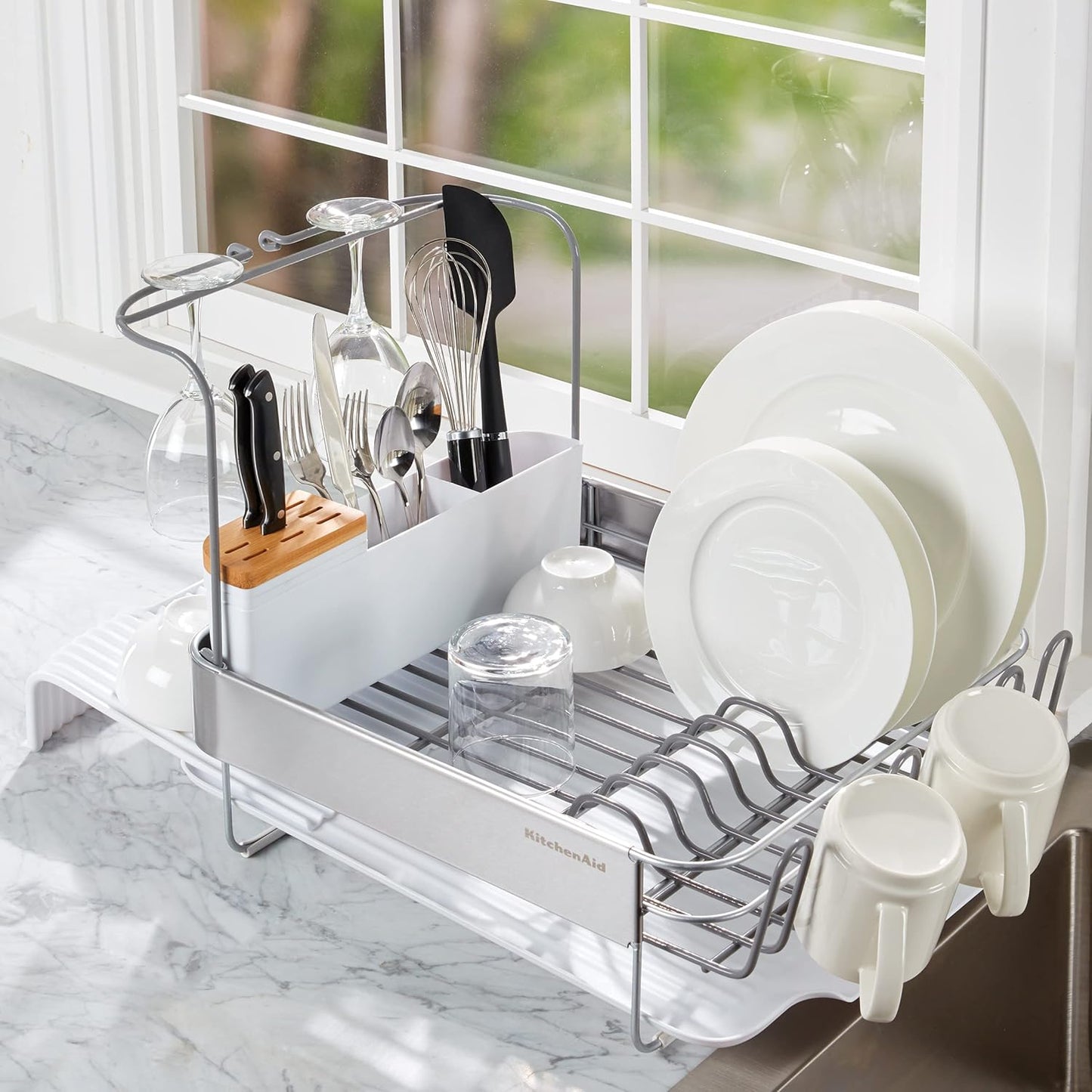 KitchenAid Expandable Dish Rack - Rust Resistant with Self-Draining Angled Drainboard | 24-Inch, White